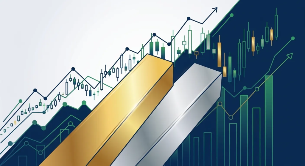 Silver Price Gold: Advanced gold and silver analysis with rising financial charts and precious metal bars, symbolizing strate