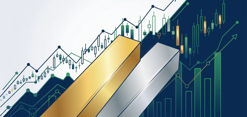Silver Price Gold: Advanced gold and silver analysis with rising financial charts and precious metal bars, symbolizing strate