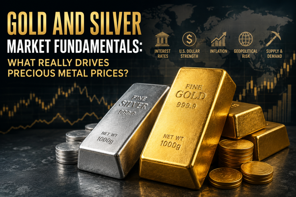 Gold and silver bars with market charts illustrating key factors that drive precious metal prices.