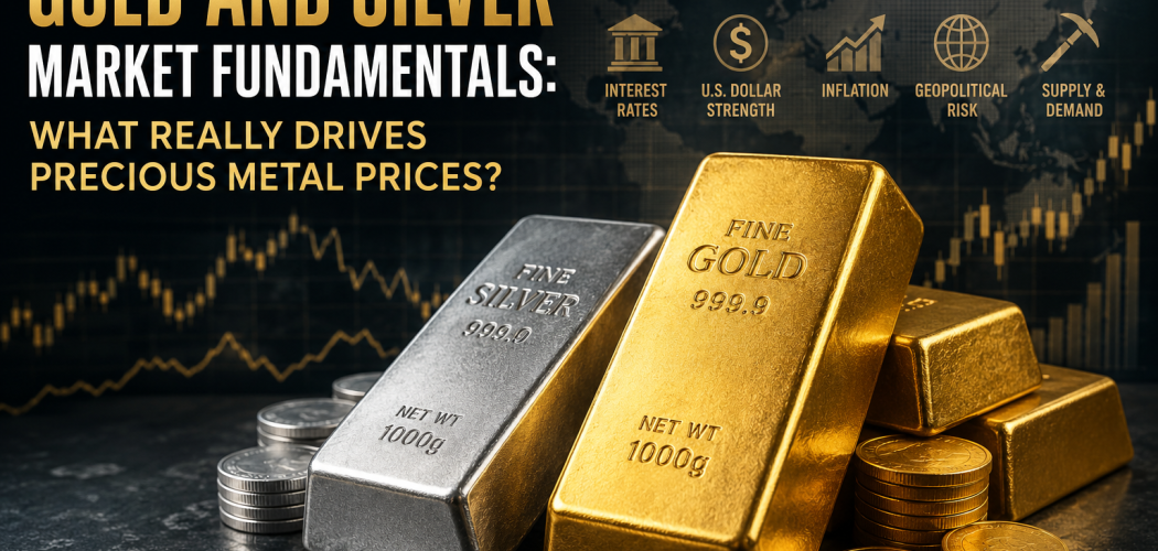 Gold and silver bars with market charts illustrating key factors that drive precious metal prices.