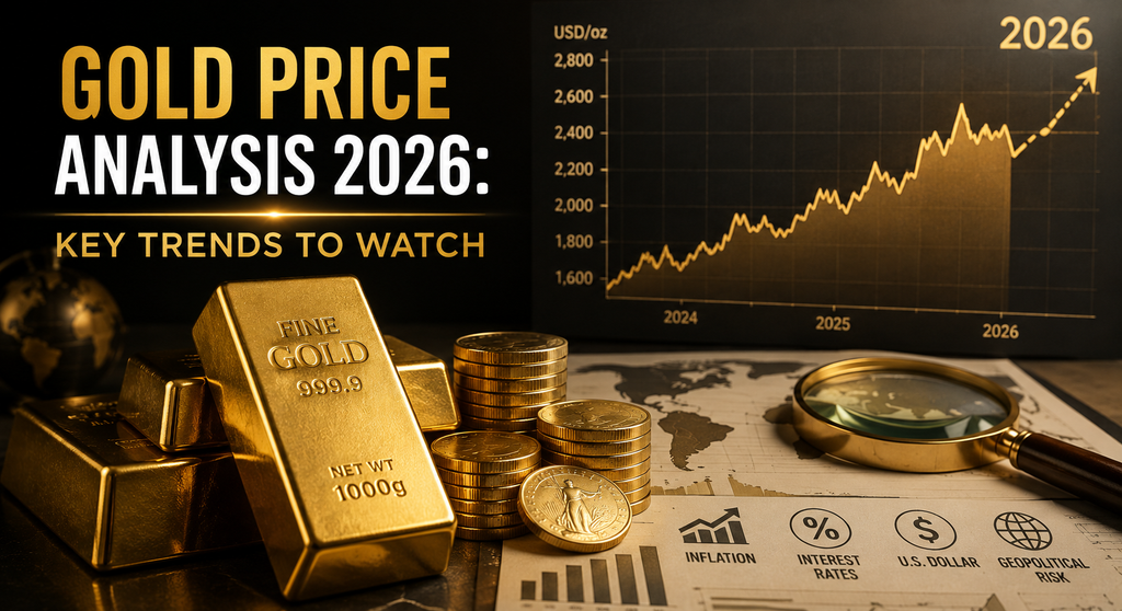 Gold bars and coins beside a 2026 price chart highlighting major trends influencing gold prices.