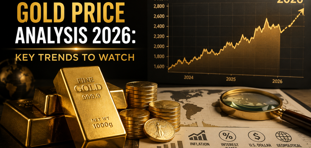 Gold bars and coins beside a 2026 price chart highlighting major trends influencing gold prices.