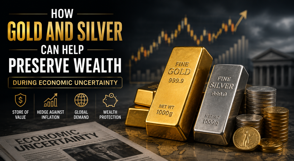 Gold and silver bars representing wealth preservation and protection during economic uncertainty.