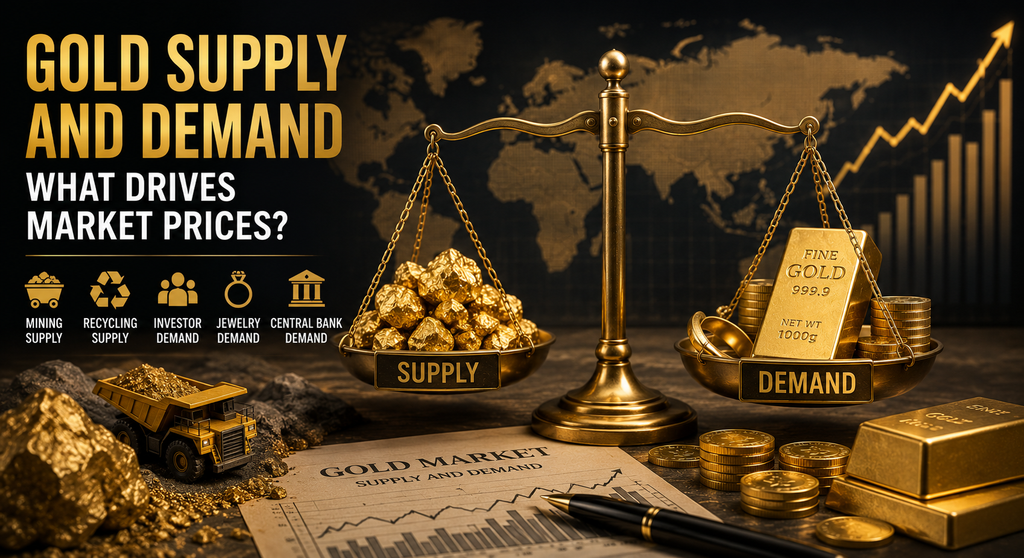 Gold supply and demand shown with mining, bullion, coins, jewelry, and a balance scale influencing market prices.