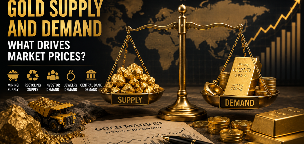 Gold supply and demand shown with mining, bullion, coins, jewelry, and a balance scale influencing market prices.