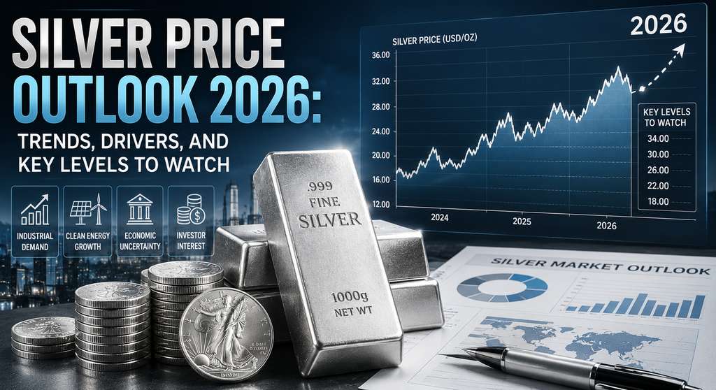 Silver bars and coins with a 2026 price chart highlighting market trends, demand drivers, and key levels.