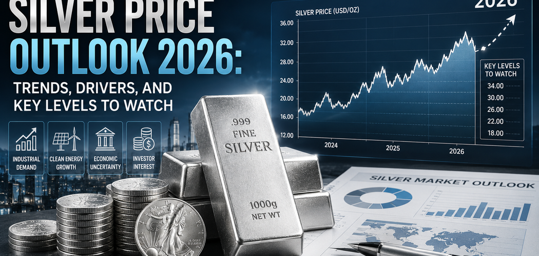 Silver bars and coins with a 2026 price chart highlighting market trends, demand drivers, and key levels.
