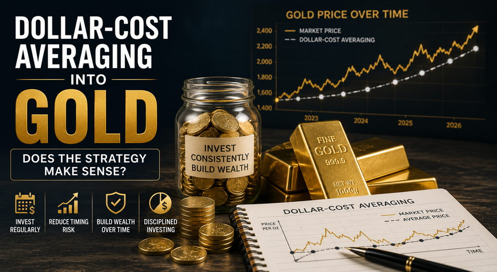 Gold bars, coins, and price charts illustrating a dollar-cost averaging strategy for investing in gold.