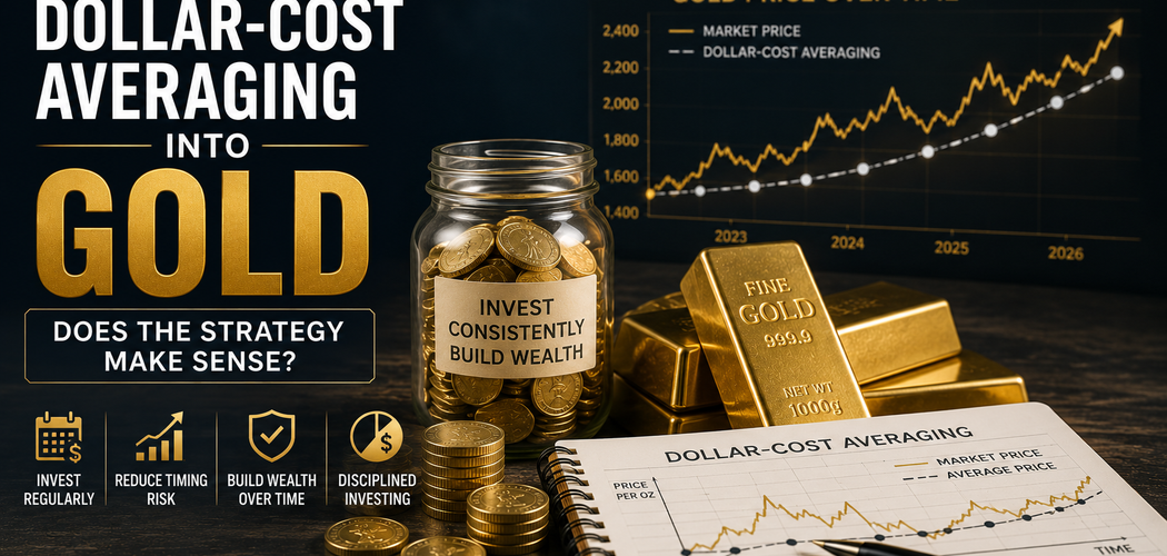 Gold bars, coins, and price charts illustrating a dollar-cost averaging strategy for investing in gold.