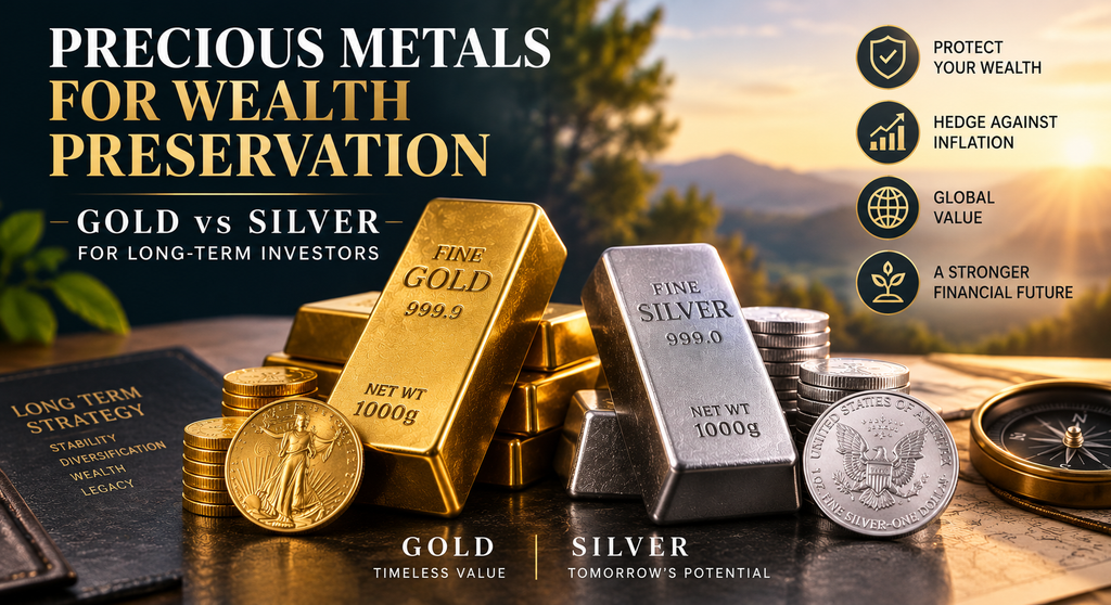 Gold and silver bars and coins compared as precious metals for long-term wealth preservation and diversification.