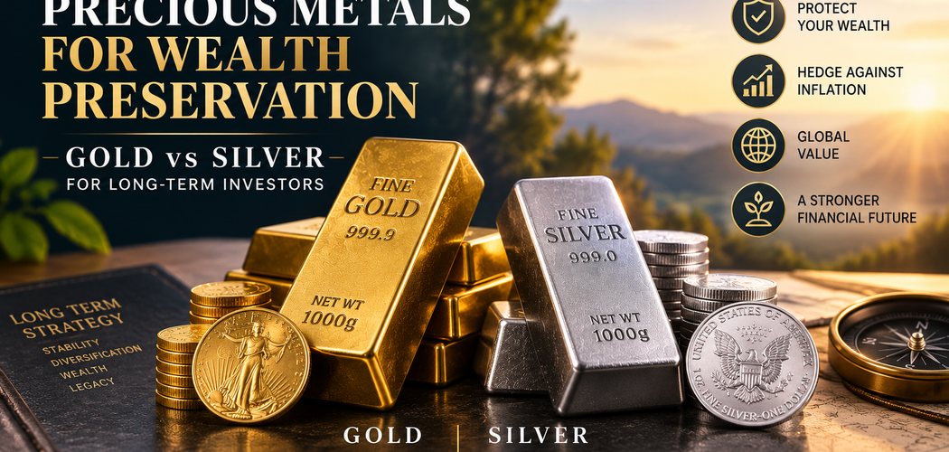 Gold and silver bars and coins compared as precious metals for long-term wealth preservation and diversification.