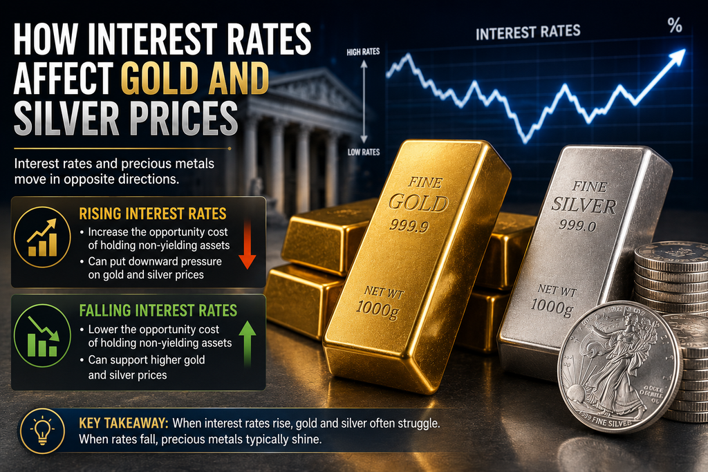 Gold and silver bars with interest rate charts showing how rising and falling rates can influence precious metal prices.