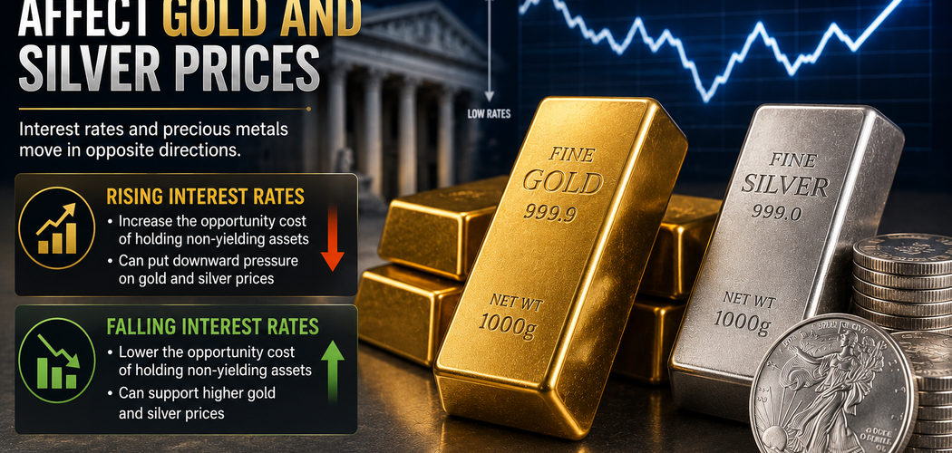 Gold and silver bars with interest rate charts showing how rising and falling rates can influence precious metal prices.