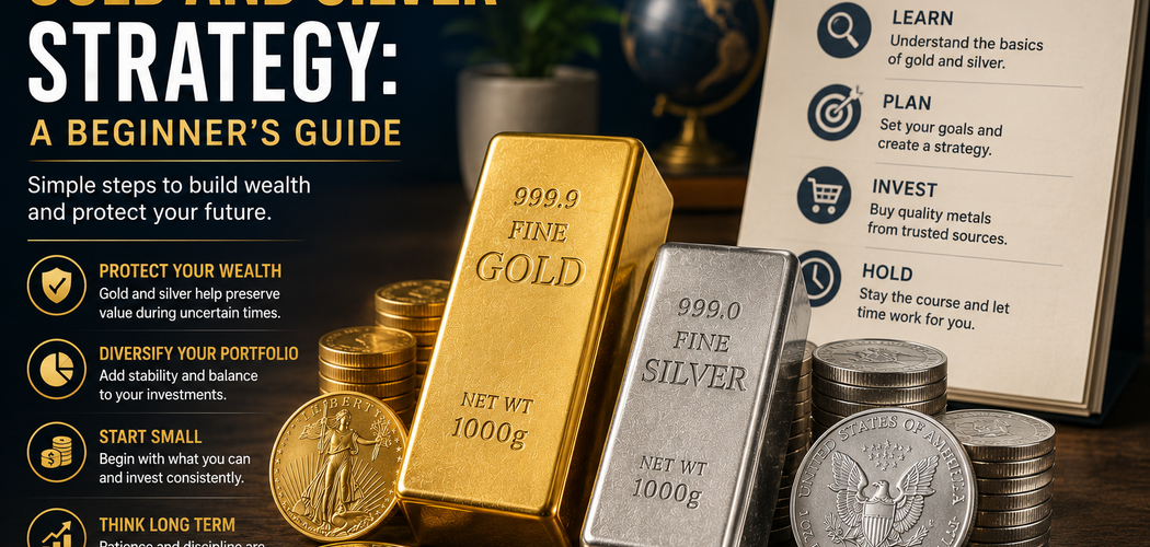 Gold and silver bars with coins and a simple investment strategy guide for beginner precious metal investors.