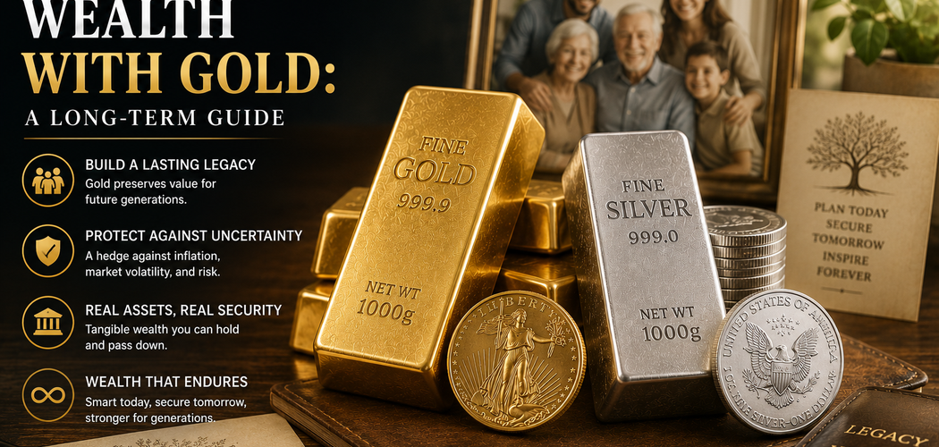 Gold bars and coins representing long-term wealth preservation, family legacy, and generational financial security.