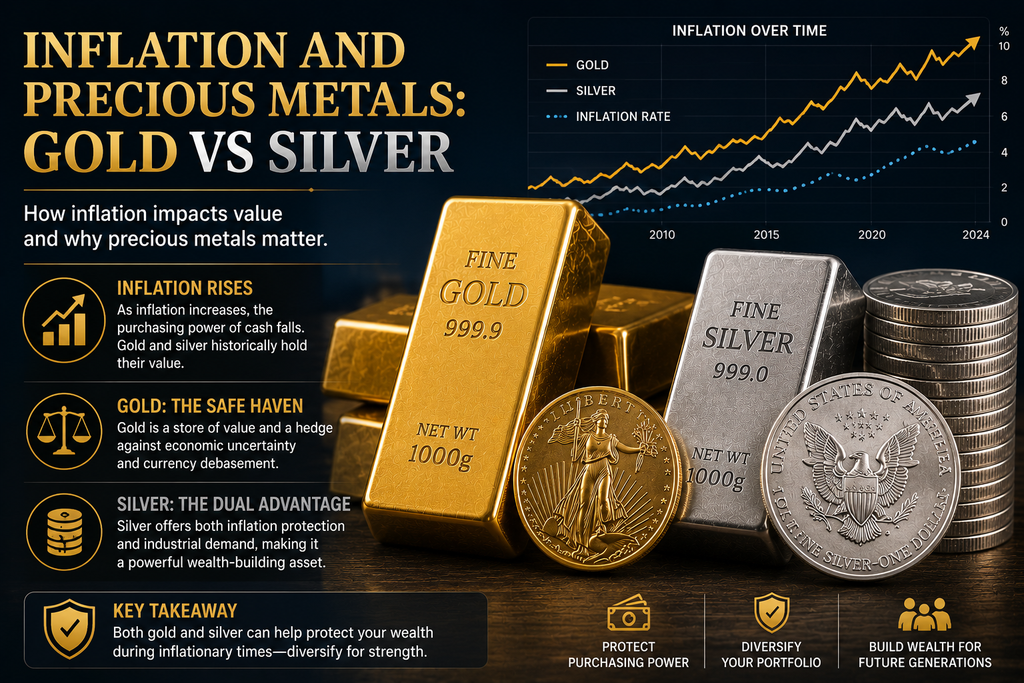 Gold and silver bars with an inflation chart comparing how precious metals may help protect purchasing power.