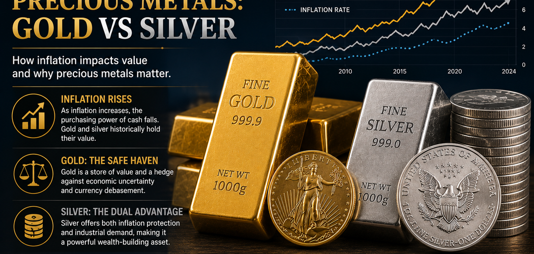 Gold and silver bars with an inflation chart comparing how precious metals may help protect purchasing power.