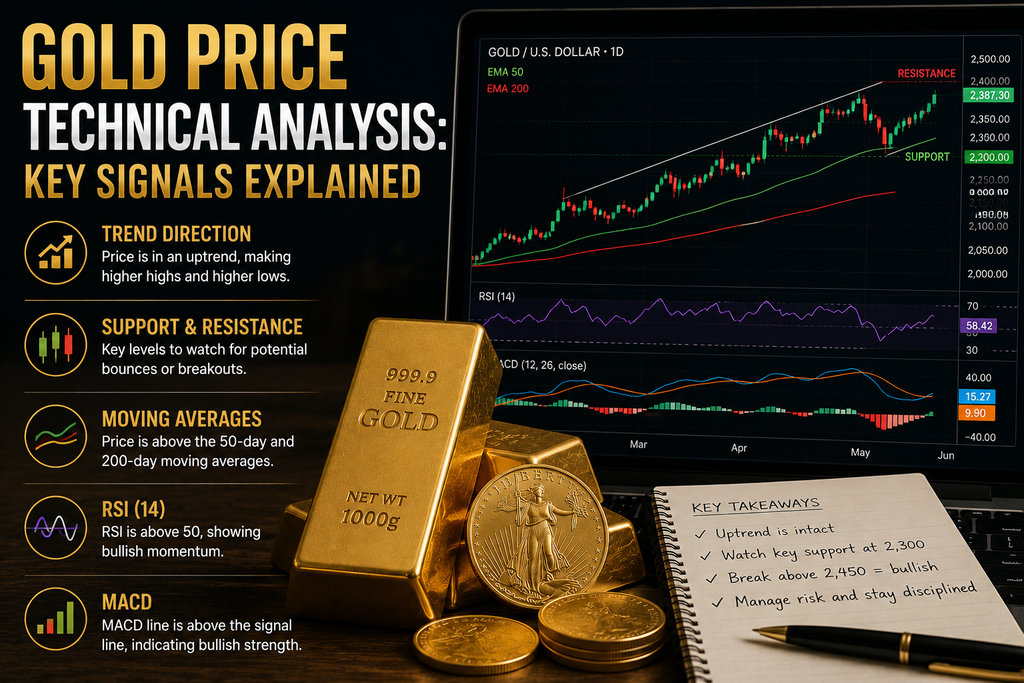 Gold bars beside a technical price chart showing support, resistance, moving averages, RSI, and MACD signals.