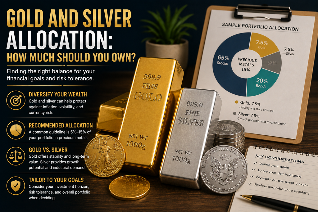 Gold and silver bars with a portfolio chart illustrating precious metals allocation and diversification.