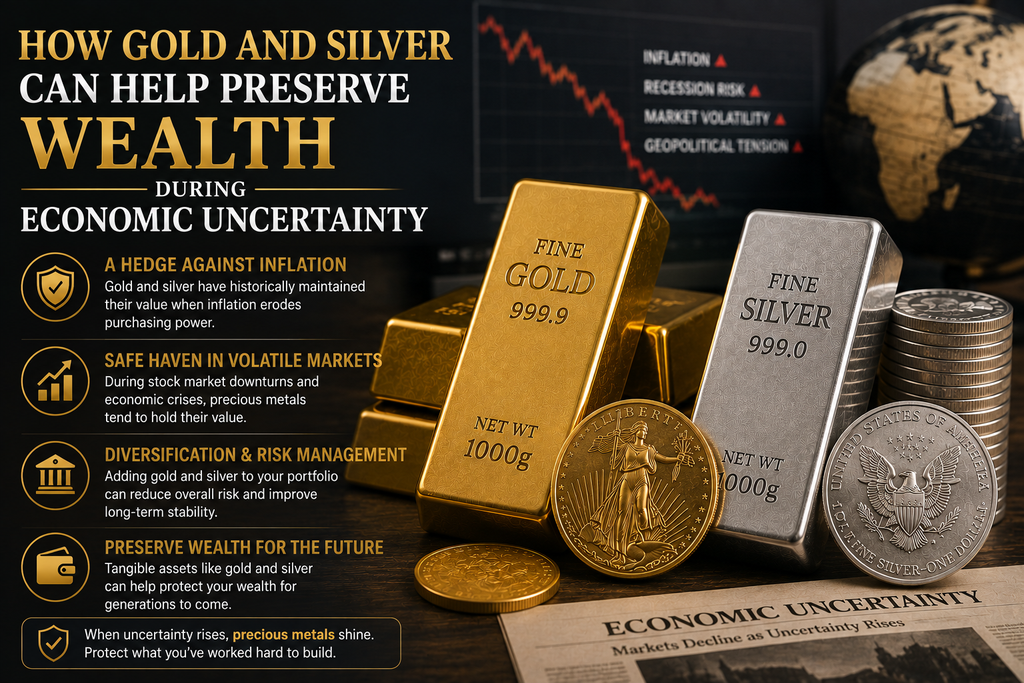 Gold and silver bars representing wealth preservation, diversification, and protection during economic uncertainty.
