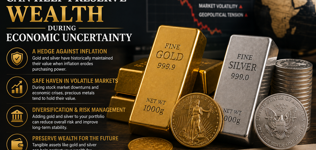 Gold and silver bars representing wealth preservation, diversification, and protection during economic uncertainty.