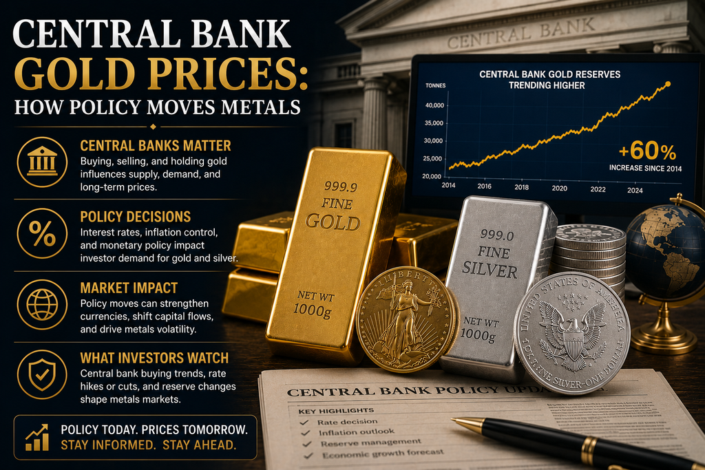 Gold and silver bullion representing how central bank interest rate policies influence precious metal prices.