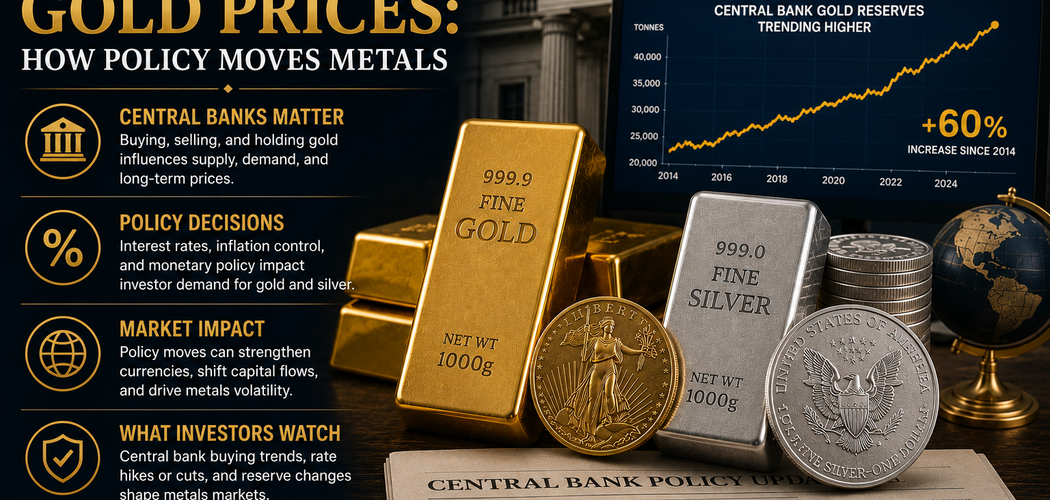 Gold and silver bullion representing how central bank interest rate policies influence precious metal prices.