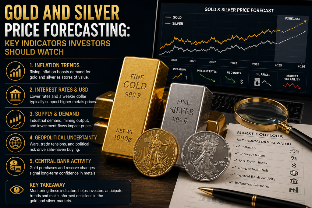 Gold and silver bullion beside financial charts used to analyze key indicators influencing precious metal price forecasts.