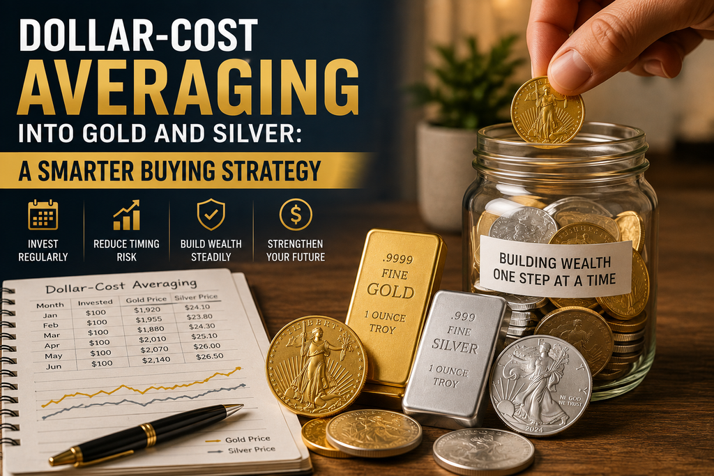 Gold and silver bullion with a simple investment chart representing regular precious metal purchases over time.