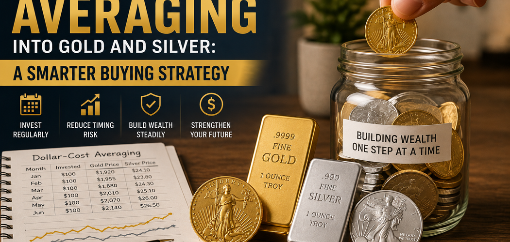 Gold and silver bullion with a simple investment chart representing regular precious metal purchases over time.