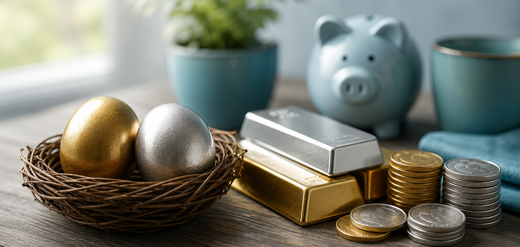 Gold and silver bullion beside retirement savings documents representing a diversified long-term financial portfolio.