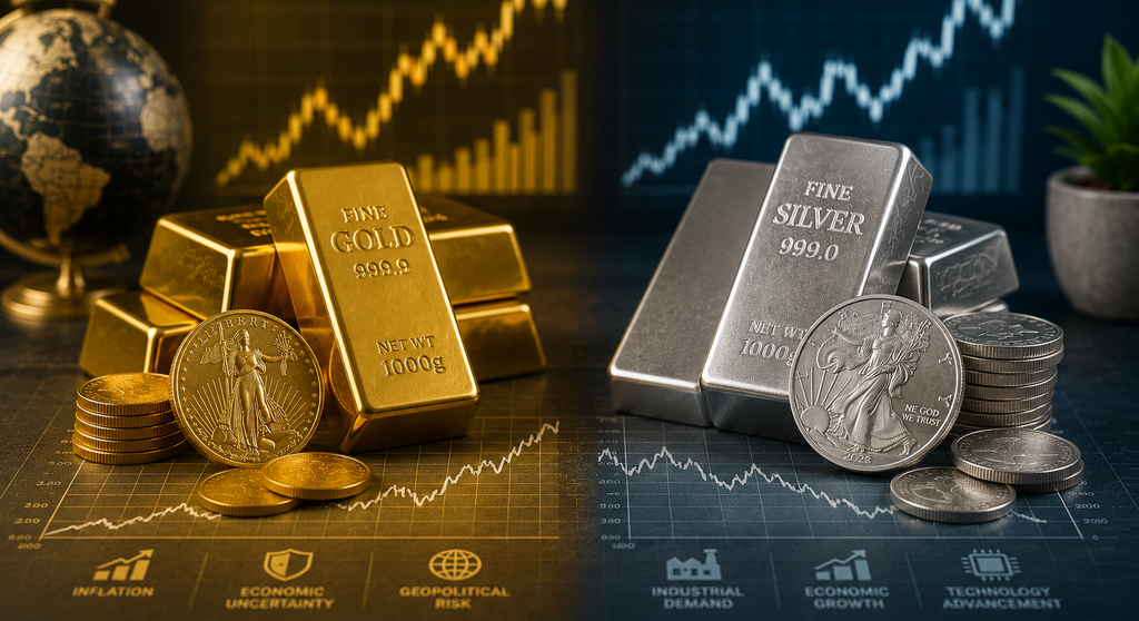 Gold and silver bullion beside market charts comparing precious metal performance across changing economic conditions.