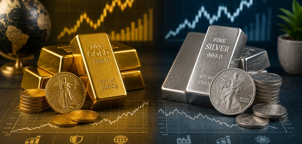 Gold and silver bullion beside market charts comparing precious metal performance across changing economic conditions.