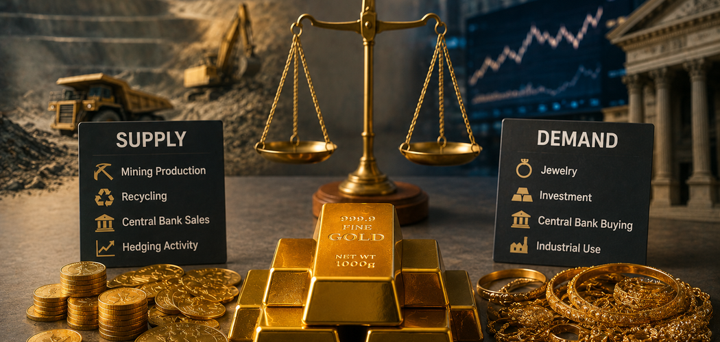 Gold bars and raw gold representing mining, recycling, investment, and global supply and demand in the gold market.
