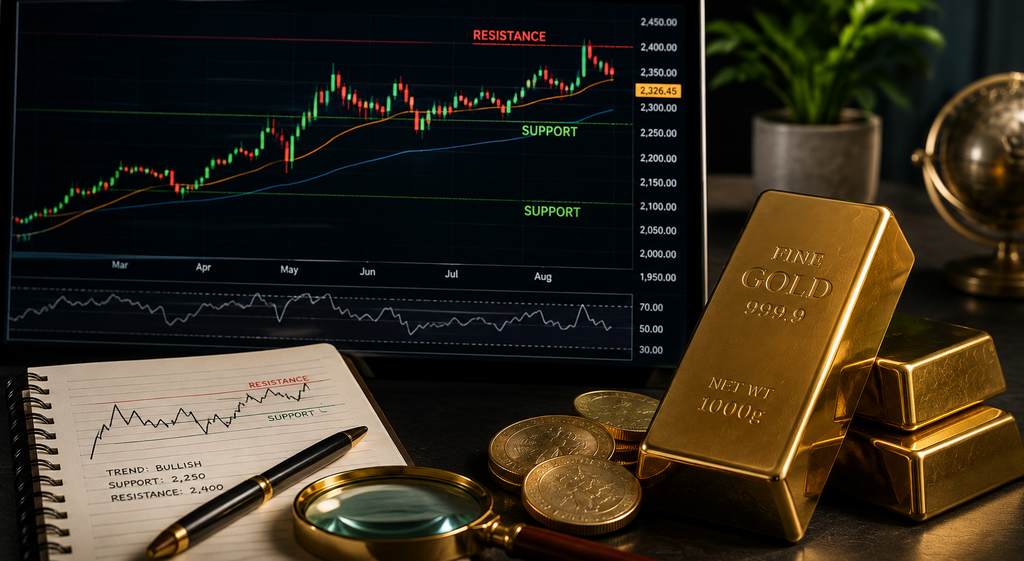 Gold bullion beside a financial chart showing price trends, support, resistance, and technical market indicators.