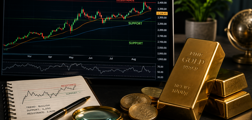 Gold bullion beside a financial chart showing price trends, support, resistance, and technical market indicators.