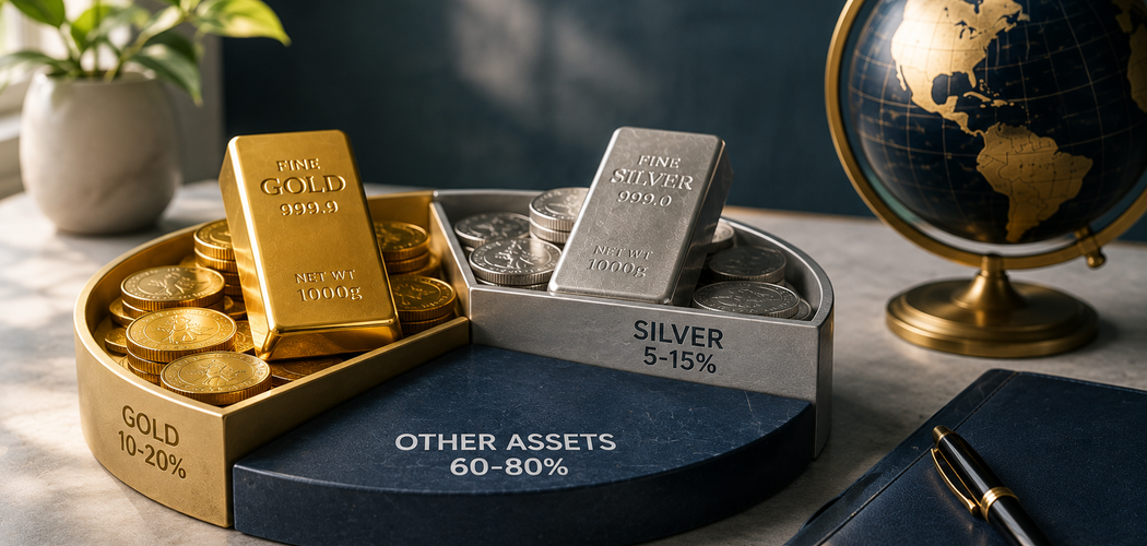 Gold and silver bullion beside a balanced portfolio chart representing precious metal allocation and diversification.