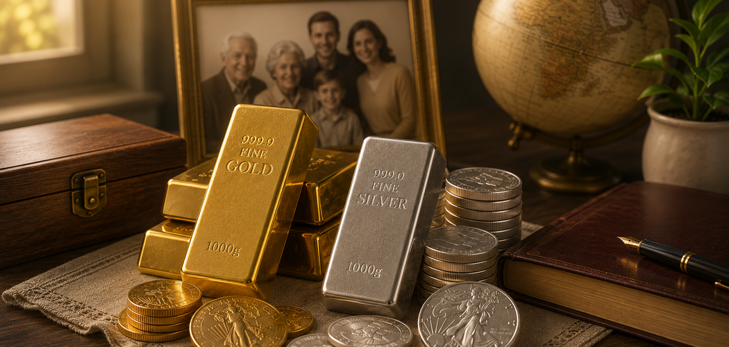 Gold bars and coins arranged with family estate documents to represent generational wealth and long-term legacy planning.