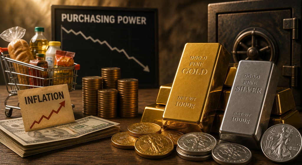 Gold and silver bullion beside rising living costs, representing precious metals and long-term purchasing power.