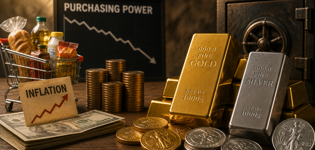 Gold and silver bullion beside rising living costs, representing precious metals and long-term purchasing power.