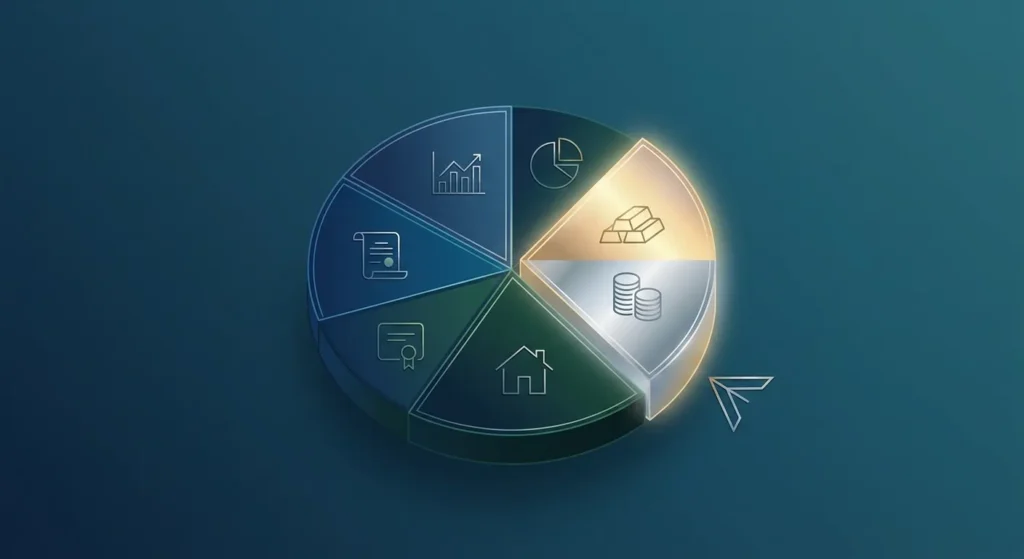 Silver Price Gold: 3D pie chart illustrating smart gold and silver portfolio allocation strategies with highlighted precious