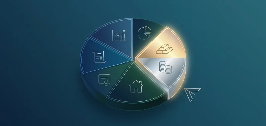 Silver Price Gold: 3D pie chart illustrating smart gold and silver portfolio allocation strategies with highlighted precious