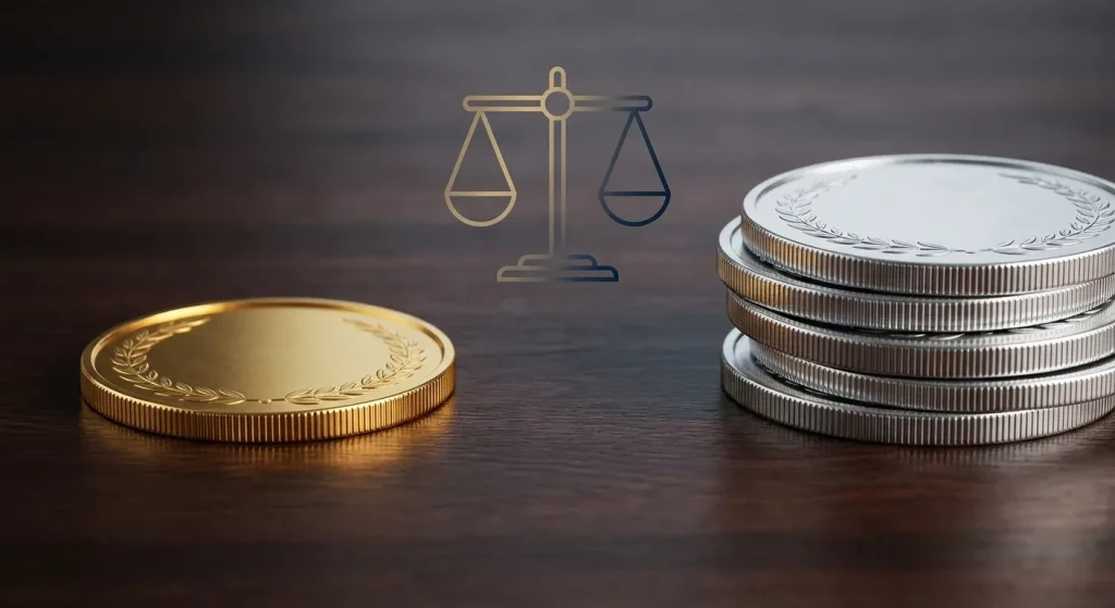 Silver Price Gold: Gold and silver coins with a balance scale, symbolizing Gold Silver Ratio Investing and wealth diversifica
