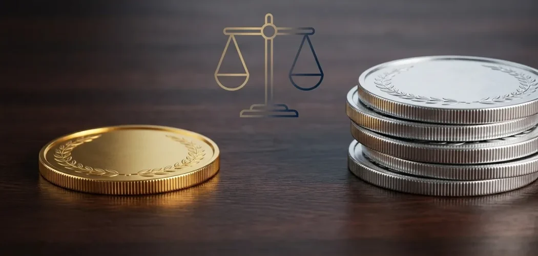 Silver Price Gold: Gold and silver coins with a balance scale, symbolizing Gold Silver Ratio Investing and wealth diversifica