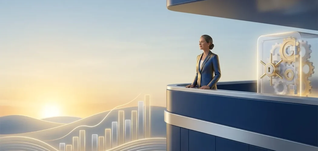 Silver Price Gold: A businesswoman overlooks a sunrise with glowing financial charts and a secure vault, symbolizing precious