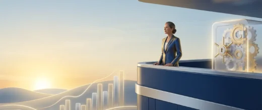 Silver Price Gold: A businesswoman overlooks a sunrise with glowing financial charts and a secure vault, symbolizing precious
