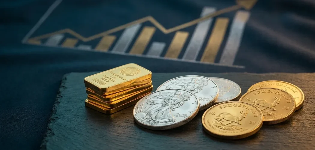 Silver Price Gold: Gold bars, silver and gold coins on a dark surface with an upward financial chart, for wealth preservation