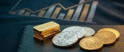 Silver Price Gold: Gold bars, silver and gold coins on a dark surface with an upward financial chart, for wealth preservation