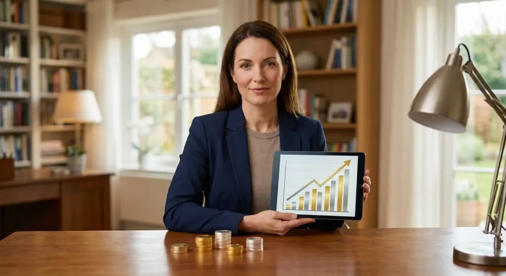 Silver Price Gold expert presents a tablet showing a growth chart and stacks of gold and silver coins, illustrating precious