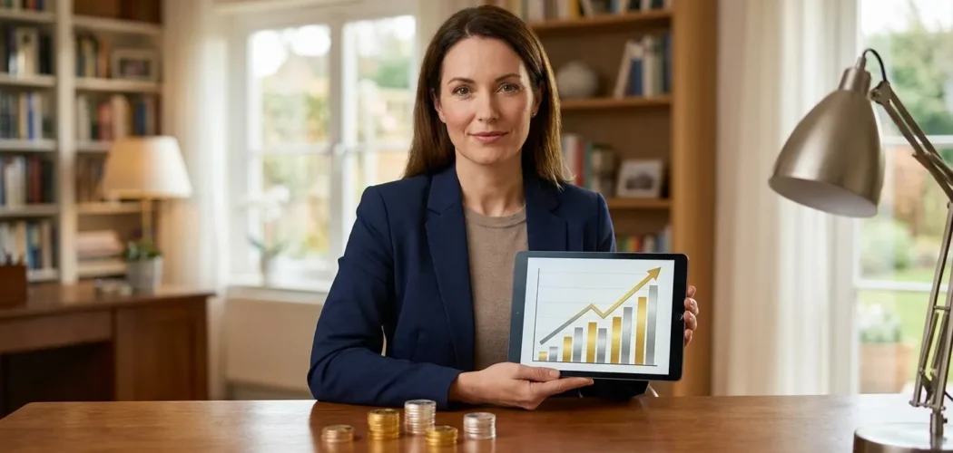 Silver Price Gold expert presents a tablet showing a growth chart and stacks of gold and silver coins, illustrating precious